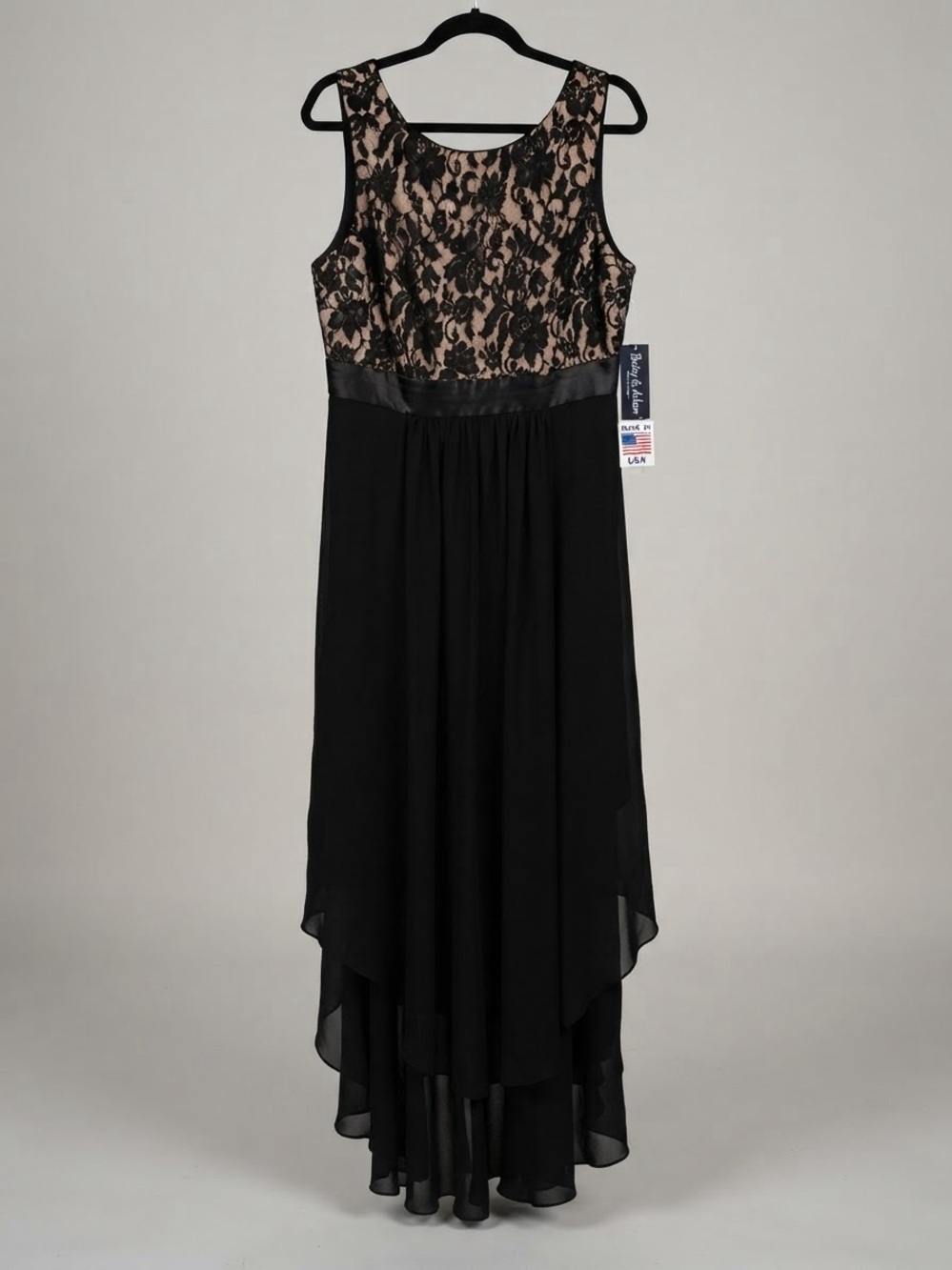 Betsy & Adam Black and Nude Lace Overlay High-Low Formal Dress